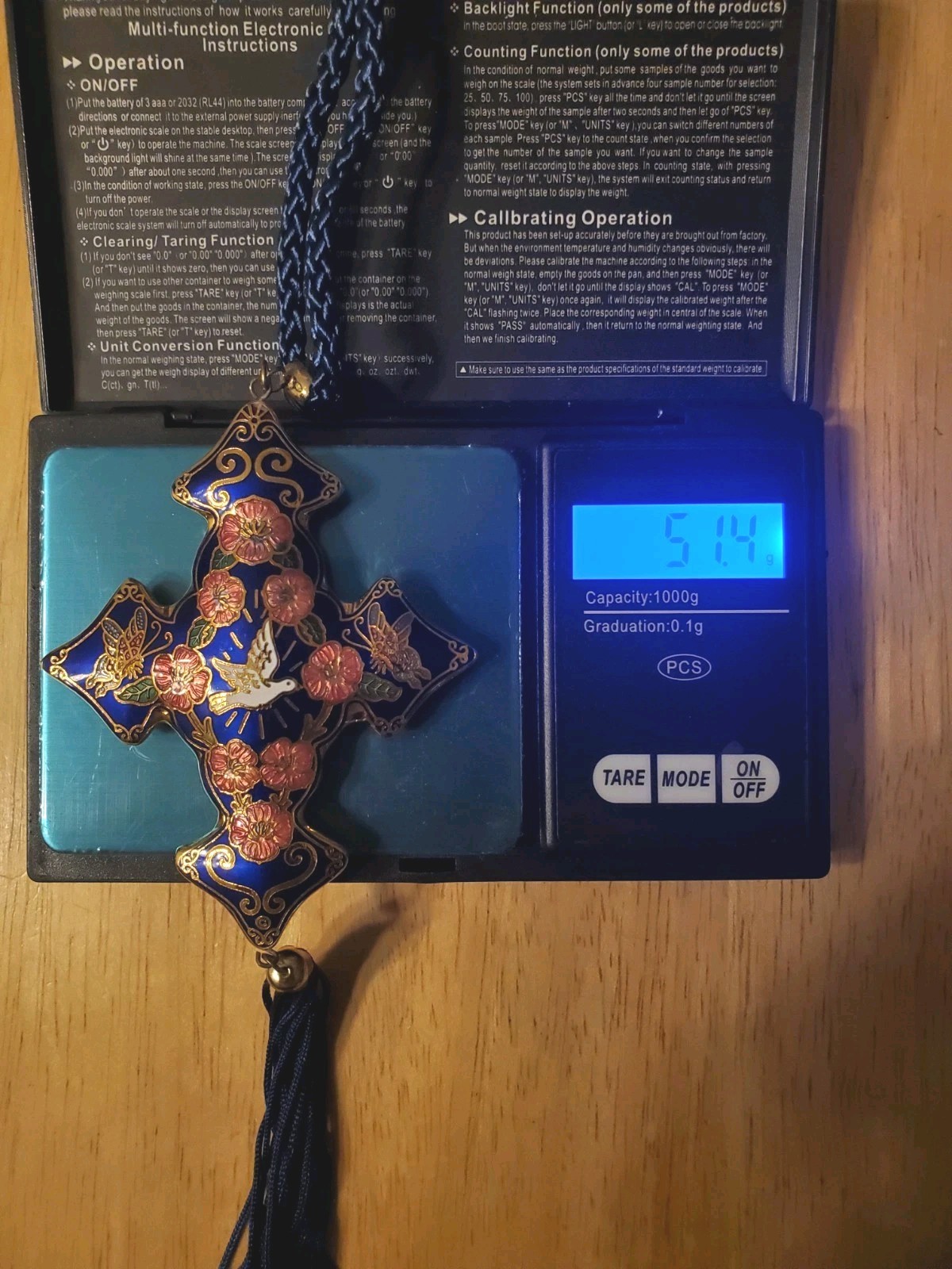 Vintage Cloisonne Cross Pendant Deep Blue with Goldtone Trim, 54.1 Grams Heavy