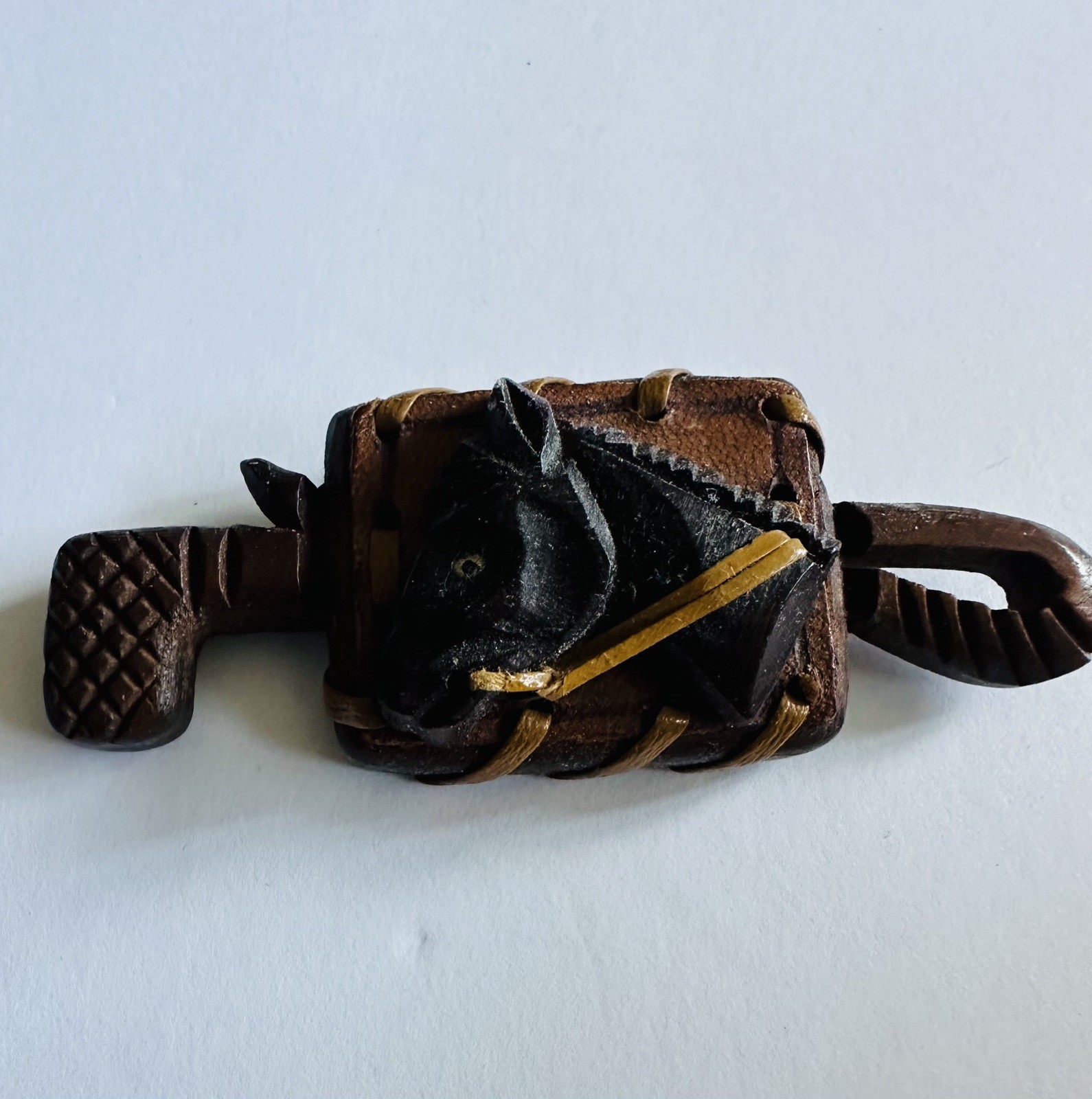 Vintage Hand Carved Brown Wood Horse Head Equestrian Pin Leather 30s Deco Brooch