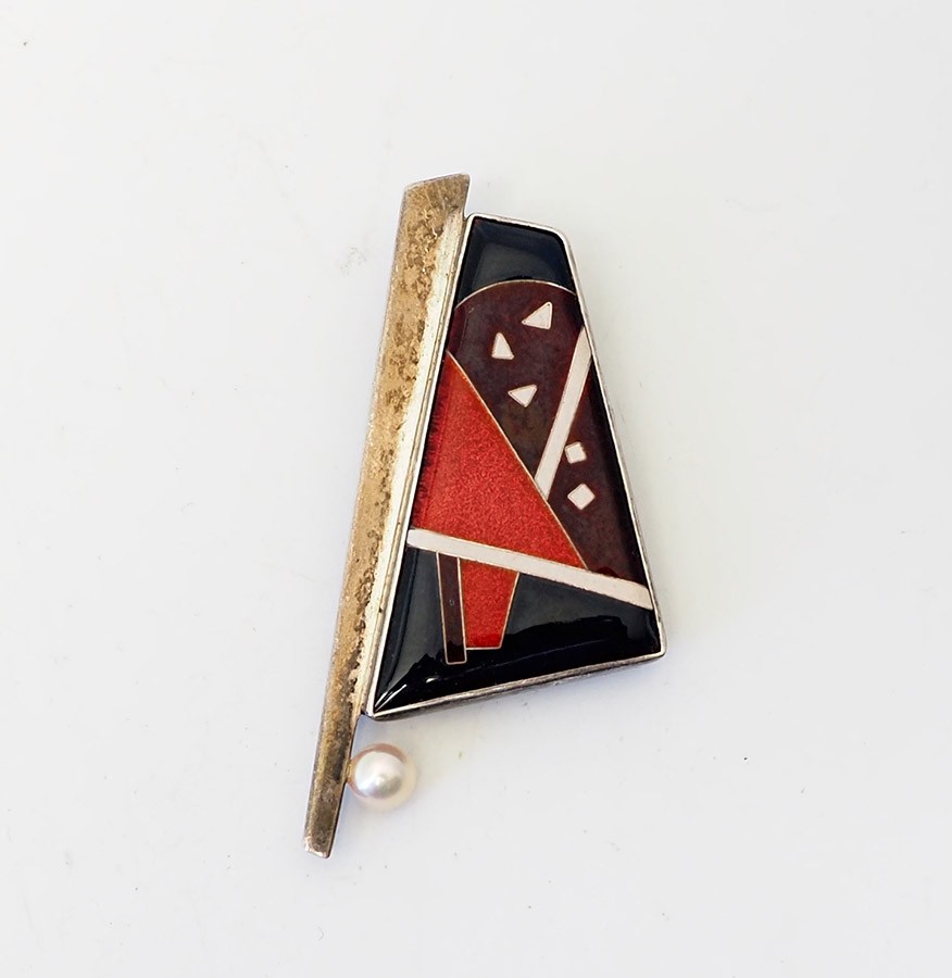 Amazing OOAK handmade sterling silver pearl enamel abstract pin or pendant