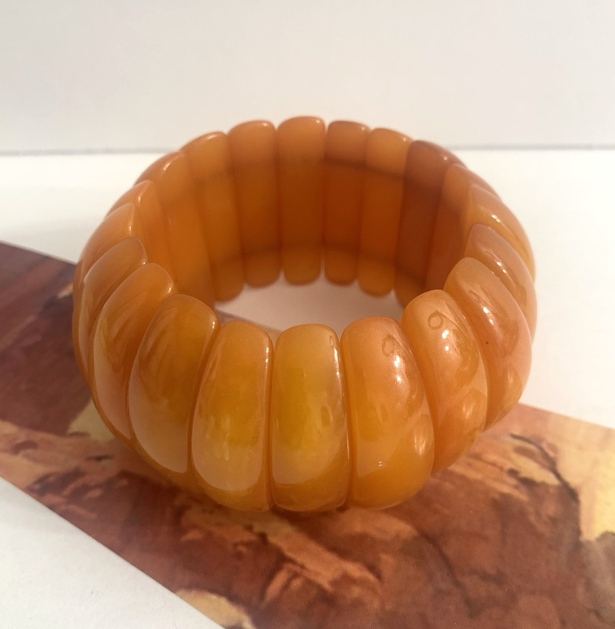 Vintage Marion Godart France Butterscotch Lucite Stretch Chunky Bangle Bracelet