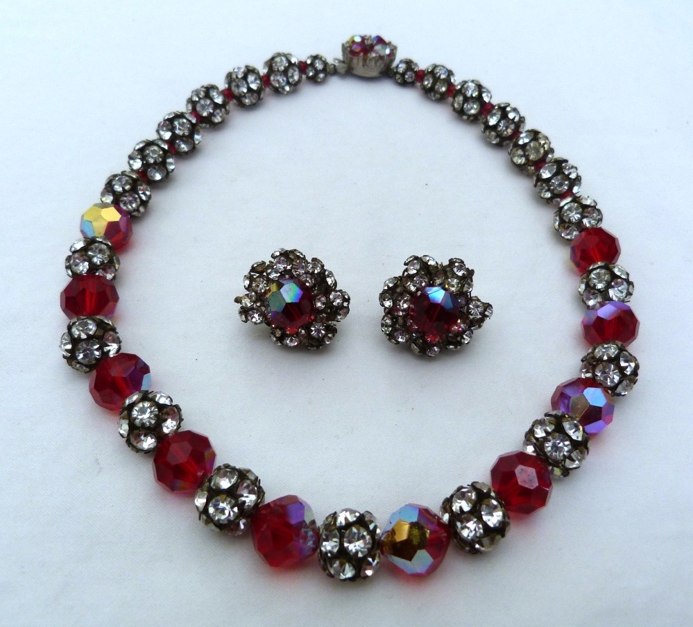 VINTAGE DALSHEIM RHINESTONE SPHERES RED CRYSTAL AB BEADS NECKLACE EARRINGS SET