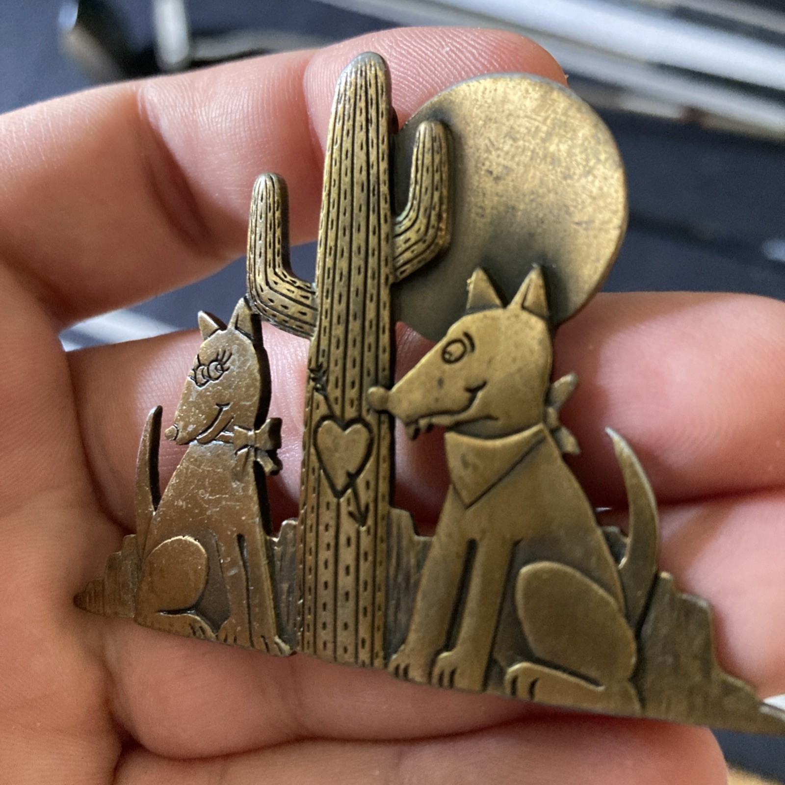 Vintage JJ Brooch Pin Desert Scene Coyotes In Love