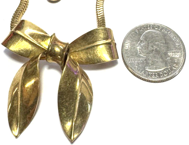 Vintage Jewelry Necklace Gold Herringbone Chain Bow Ribbon Metal Collar 17