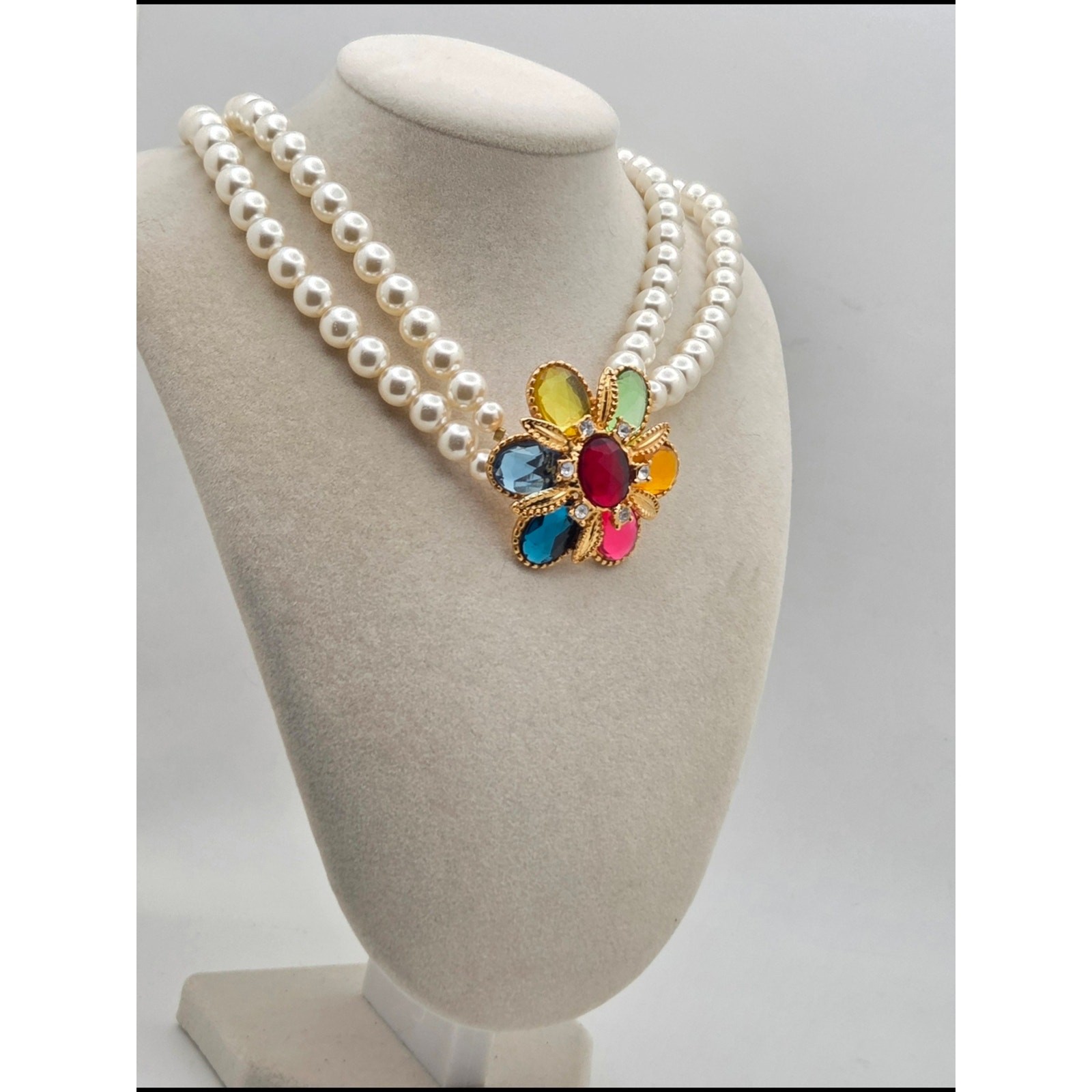 Vintage Style Multi-Color Cabochon Flower & Faux Pearl Double Strand Necklace –