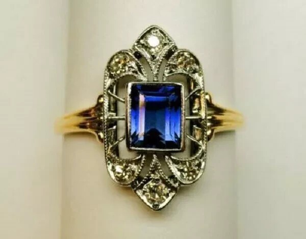 Art Deco Style 2.1Ct Lab Created Blue Sapphire Anniversary Ring 14K Gold Finish