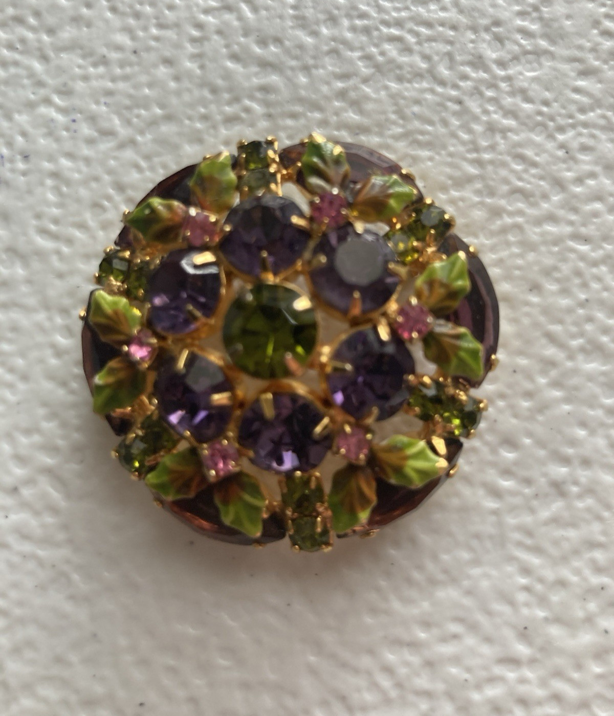 Vintage Dandy Rhinestone Brooch Enamel Pin Colorful Goldtone Setting 1 5/8″
