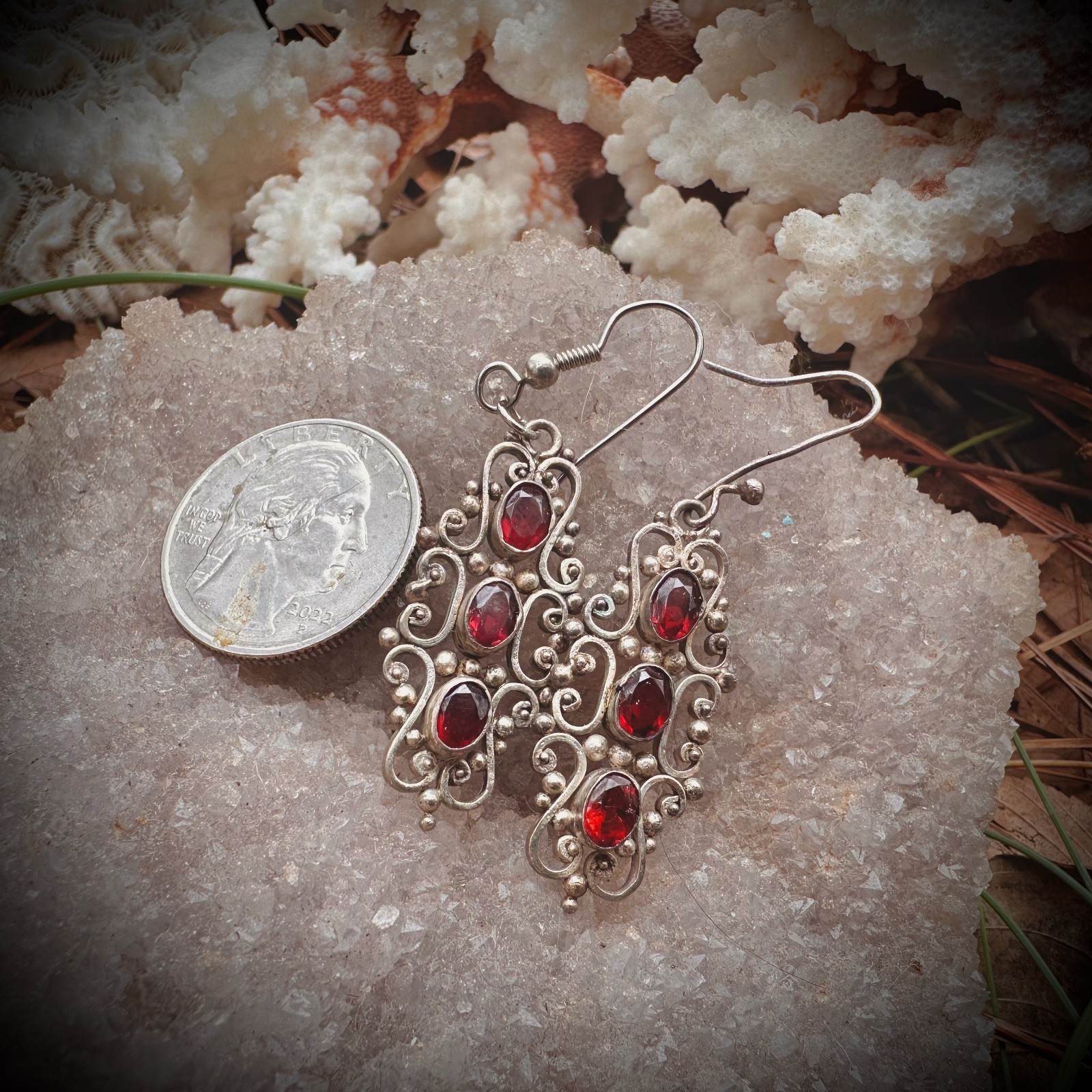 Vintage Sterling Silver 925 Dangle & Filagree Earrings With Red Colored Stone