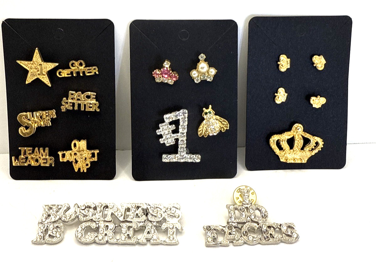 Vintage Lot Mary Kay Gold Tone Brooches Pins Awards Sales Crowns 17 Pieces