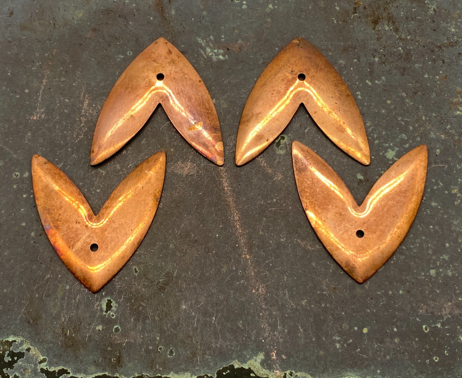 Vintage Coppered Brass Boomerang Chevron Stampings – 38mm – Set of 4