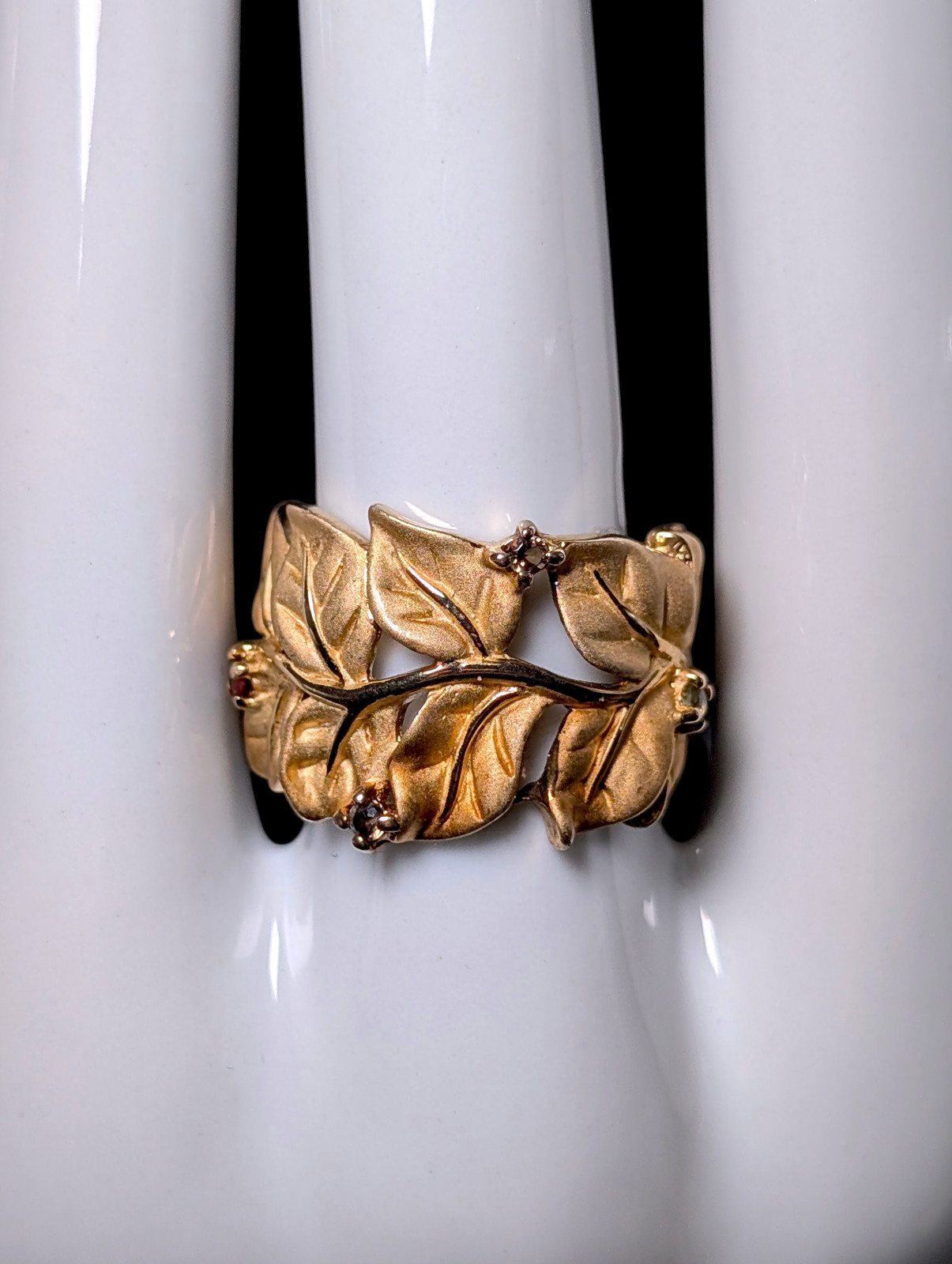 Vintage Golden Leaves with Genuine Multi-Gemstones 10kt Gold Vermeil Matte Finis
