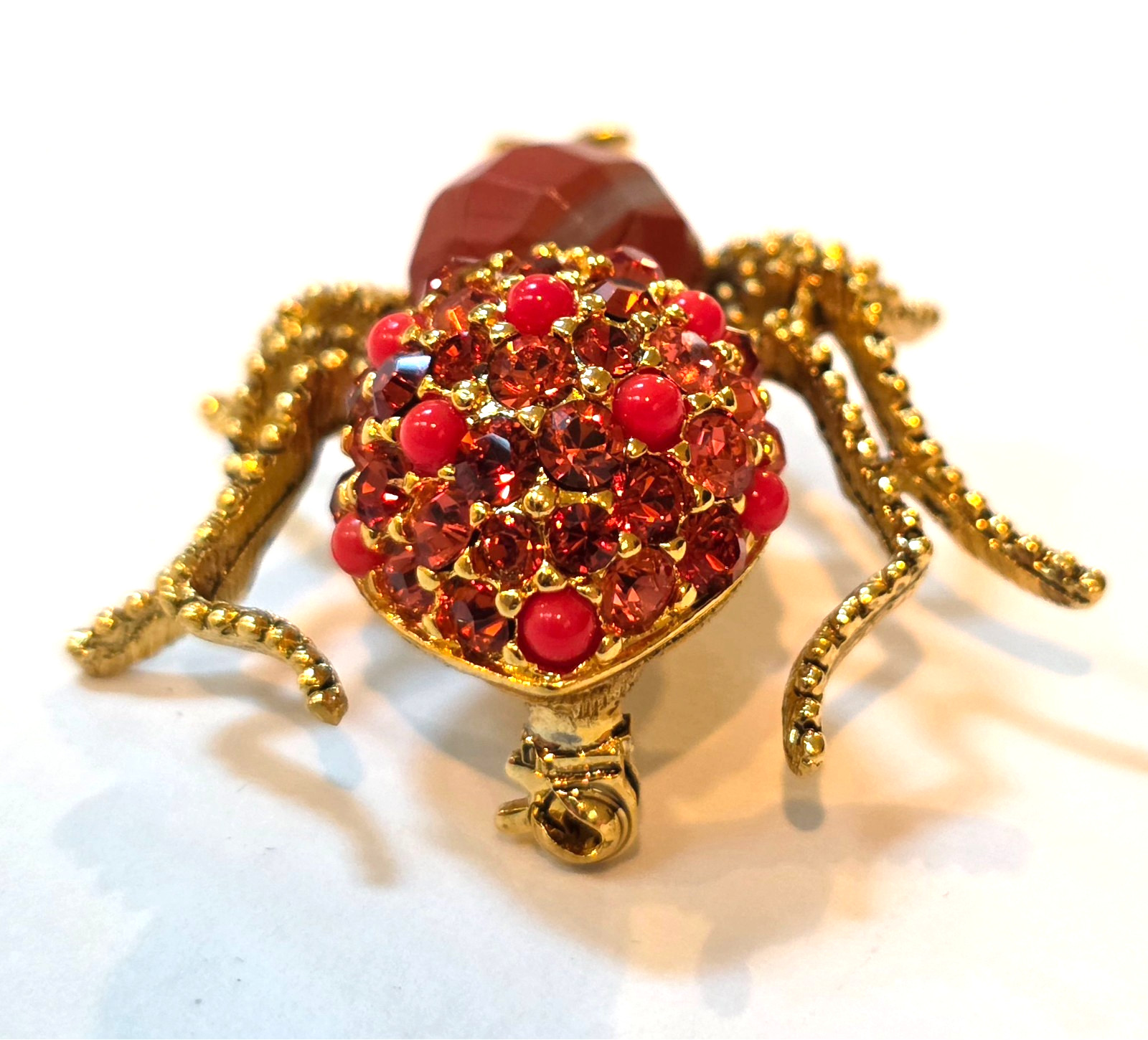 JOAN RIVERS CRITTER COLLECTION ORANGE CORAL CRYSTAL SPIDER PIN BROOCH