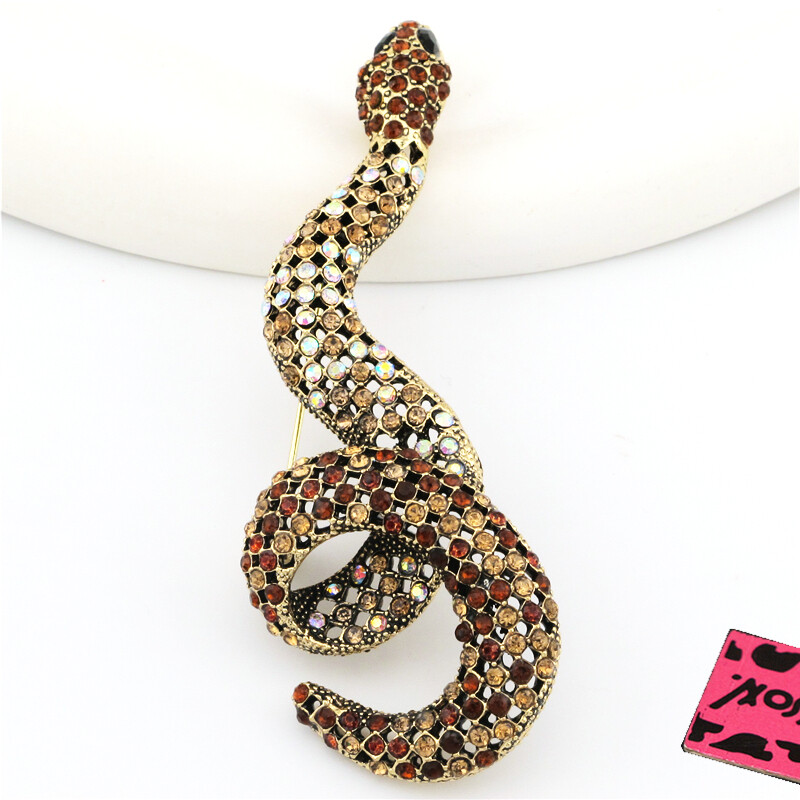 Vintage Gold Plated Brown Snake Crystal Fashion Women Charm Lady Brooch Pin Gift