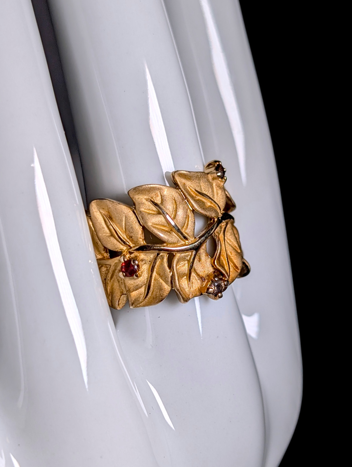 Vintage Golden Leaves with Genuine Multi-Gemstones 10kt Gold Vermeil Matte Finis