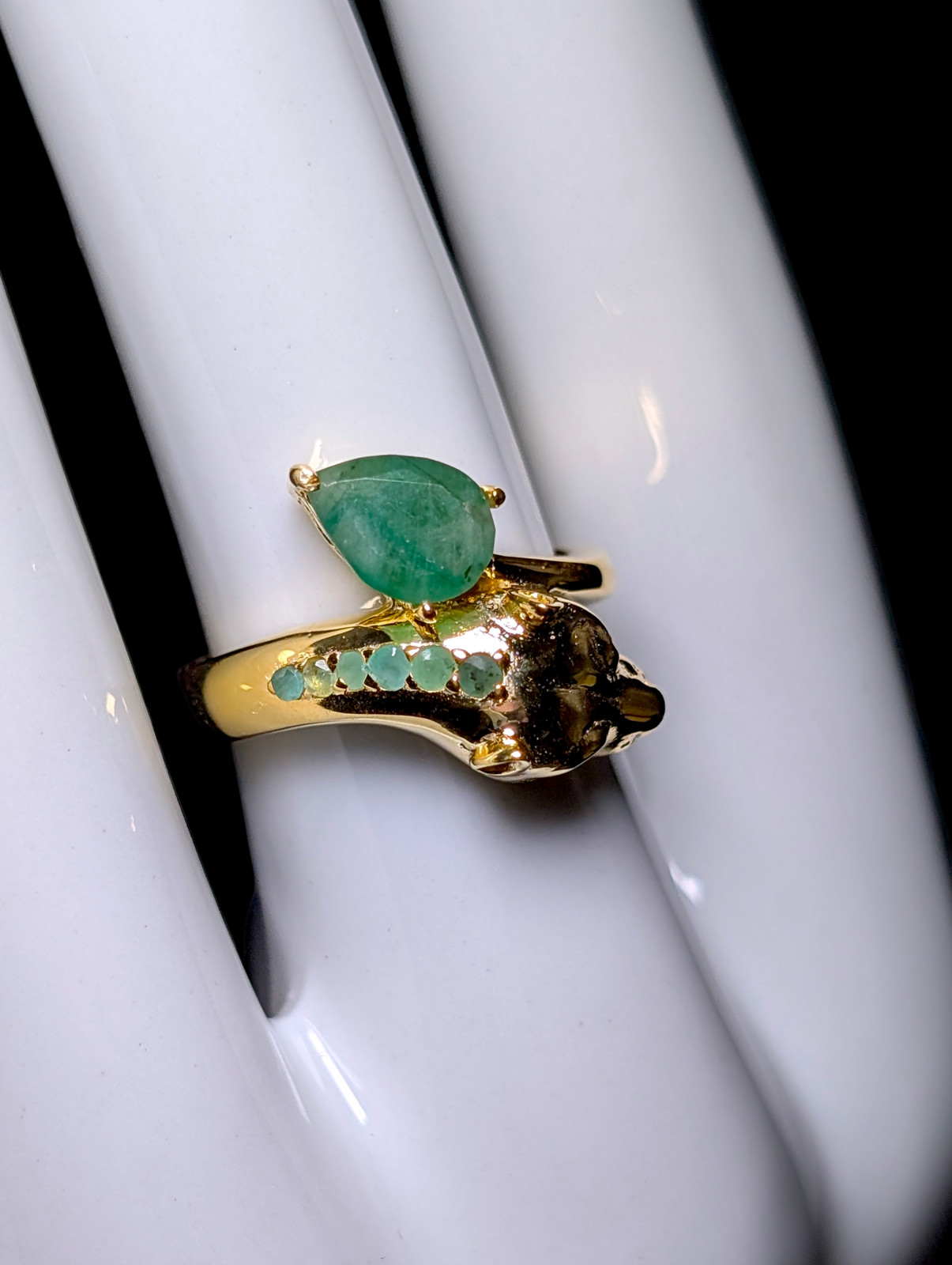 Vintage Genuine Emerald and Ruby Eyed Panther Wrap Cross Over 14kt Gold over Ste