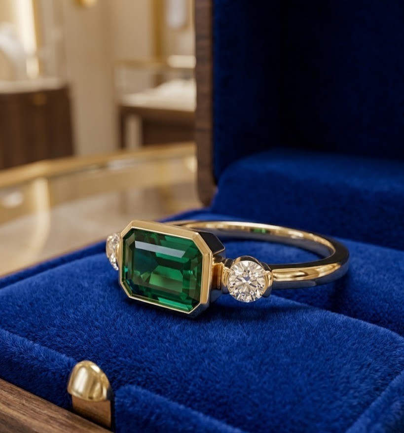East West Bezel 1CT Real Green Emerald Vintage 3-Stone Ring 14K Yellow Gold Over