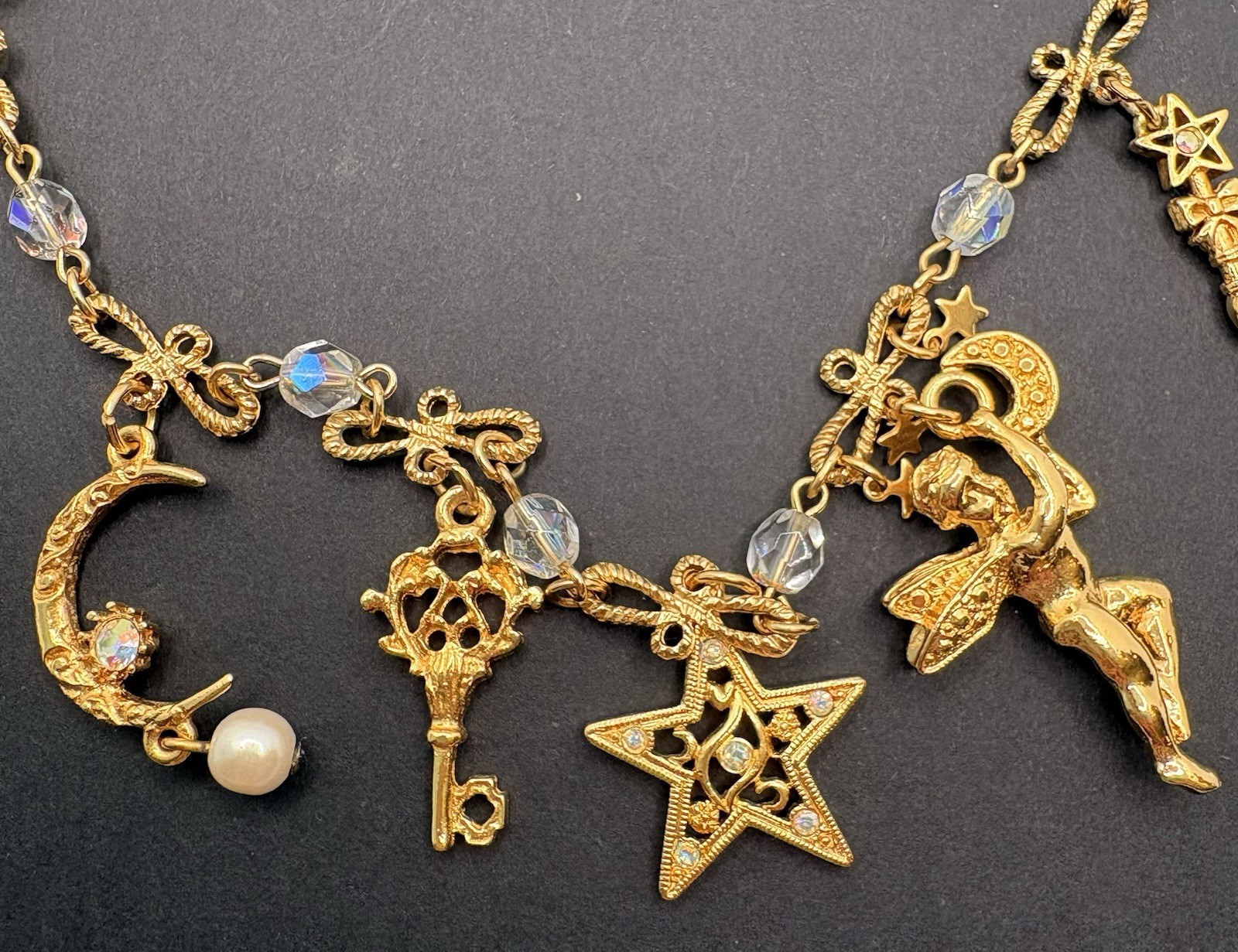 Kirks Folly Charm Necklace Angels Rings Hearts Frog Cat Alligator Crystals RARE
