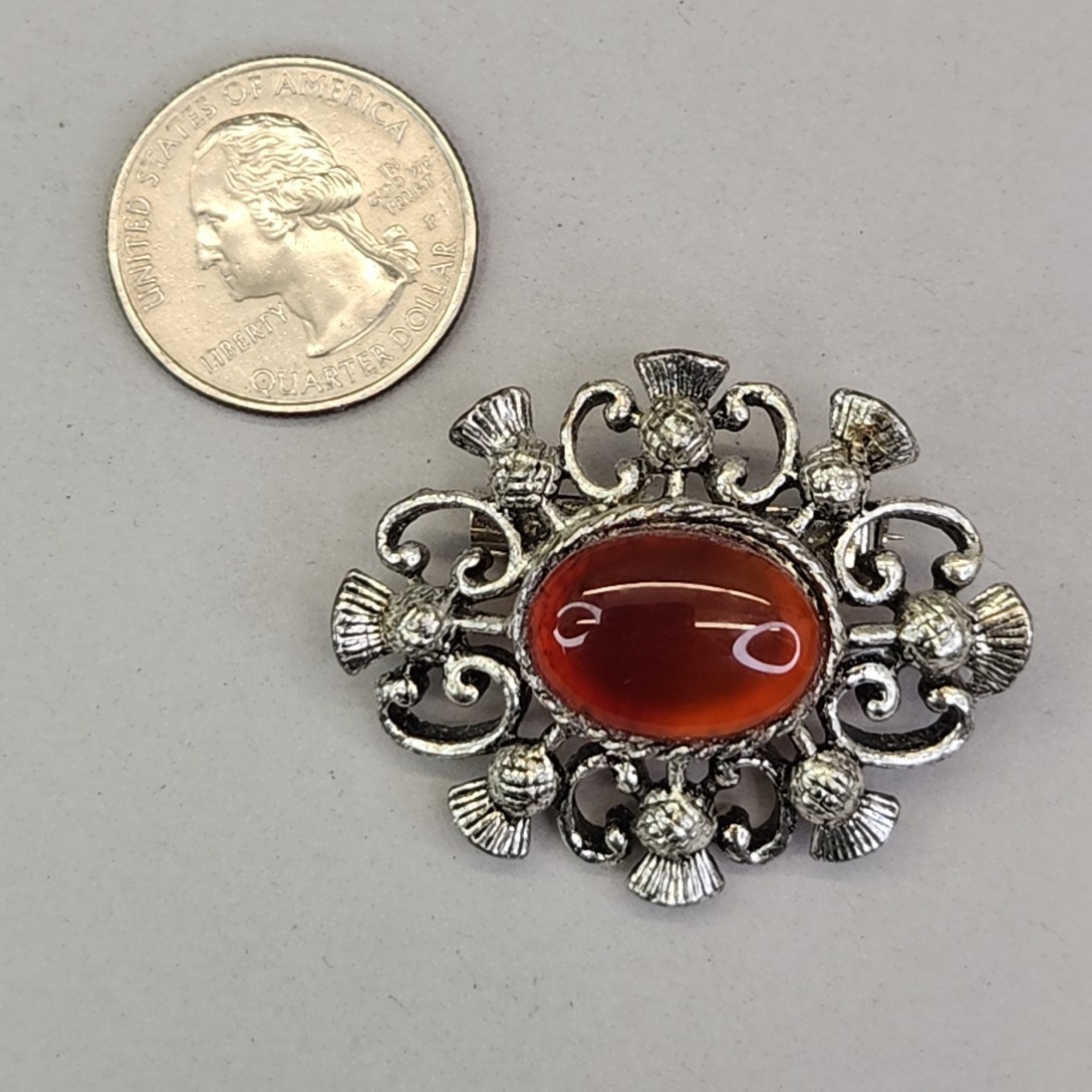 Vintage Carnelian Brooch Orange Stone Silver Tone Scrollwork Oval 1 5/8″