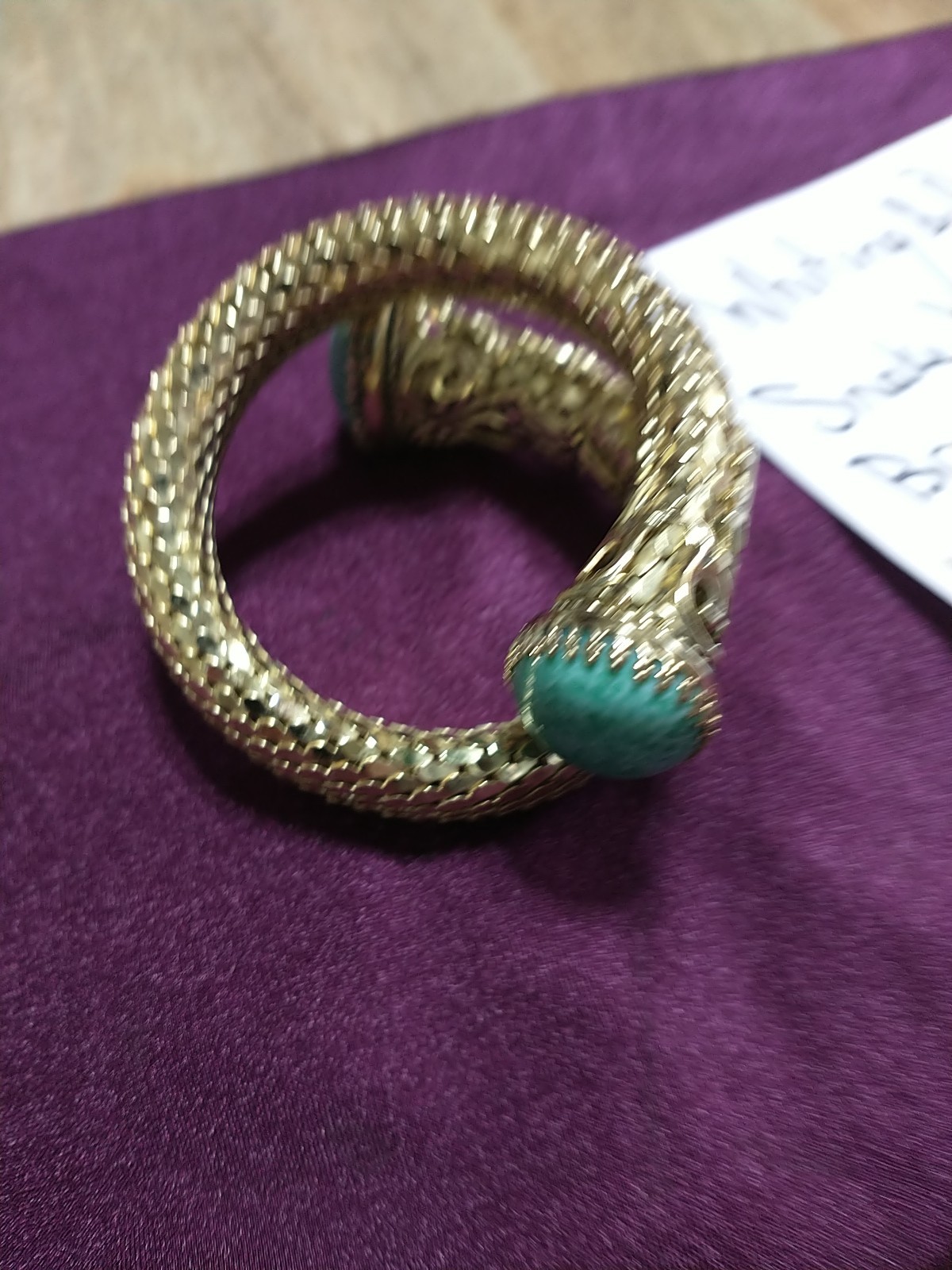 VINTAGE WHITING & DAVIS Mesh Snake Wrap Bracelet Green Peking Glass Cabochon