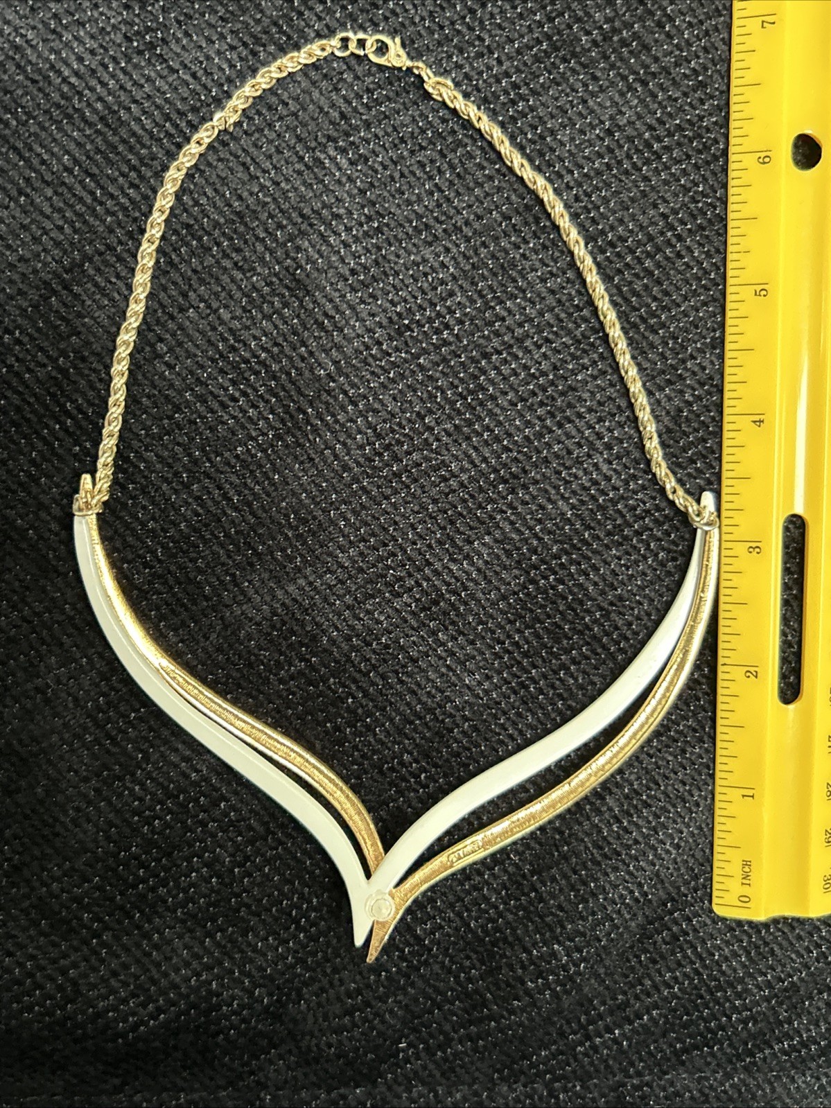 Vintage Monet Double V Neck Swirl Choker Necklace Two Tone Gold Off White Signed