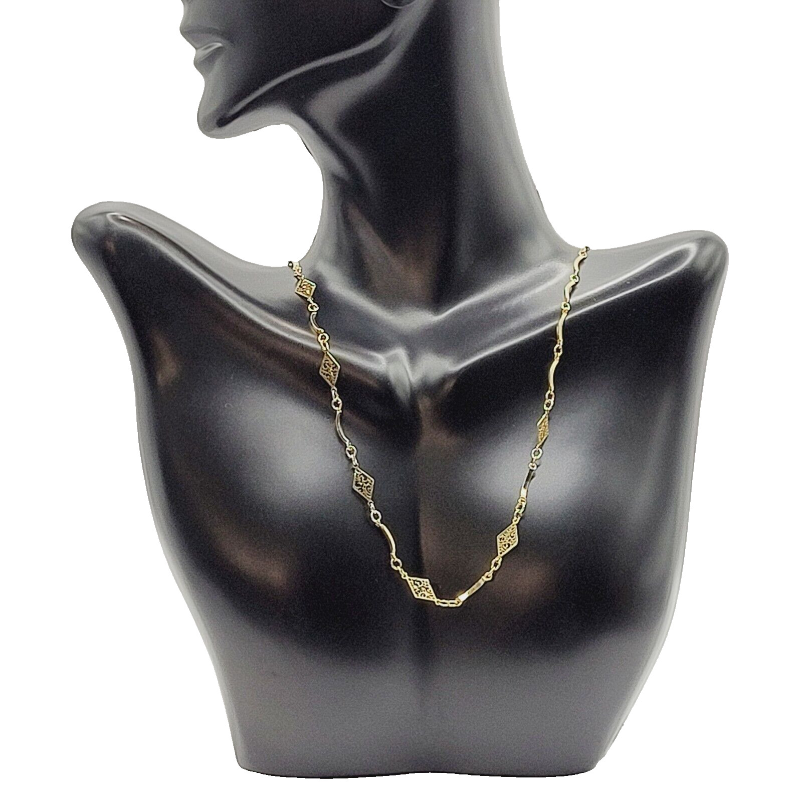 Filigree Marquise Shape Station Necklace Gold Tone Vintage Chain Choker 15.5 In