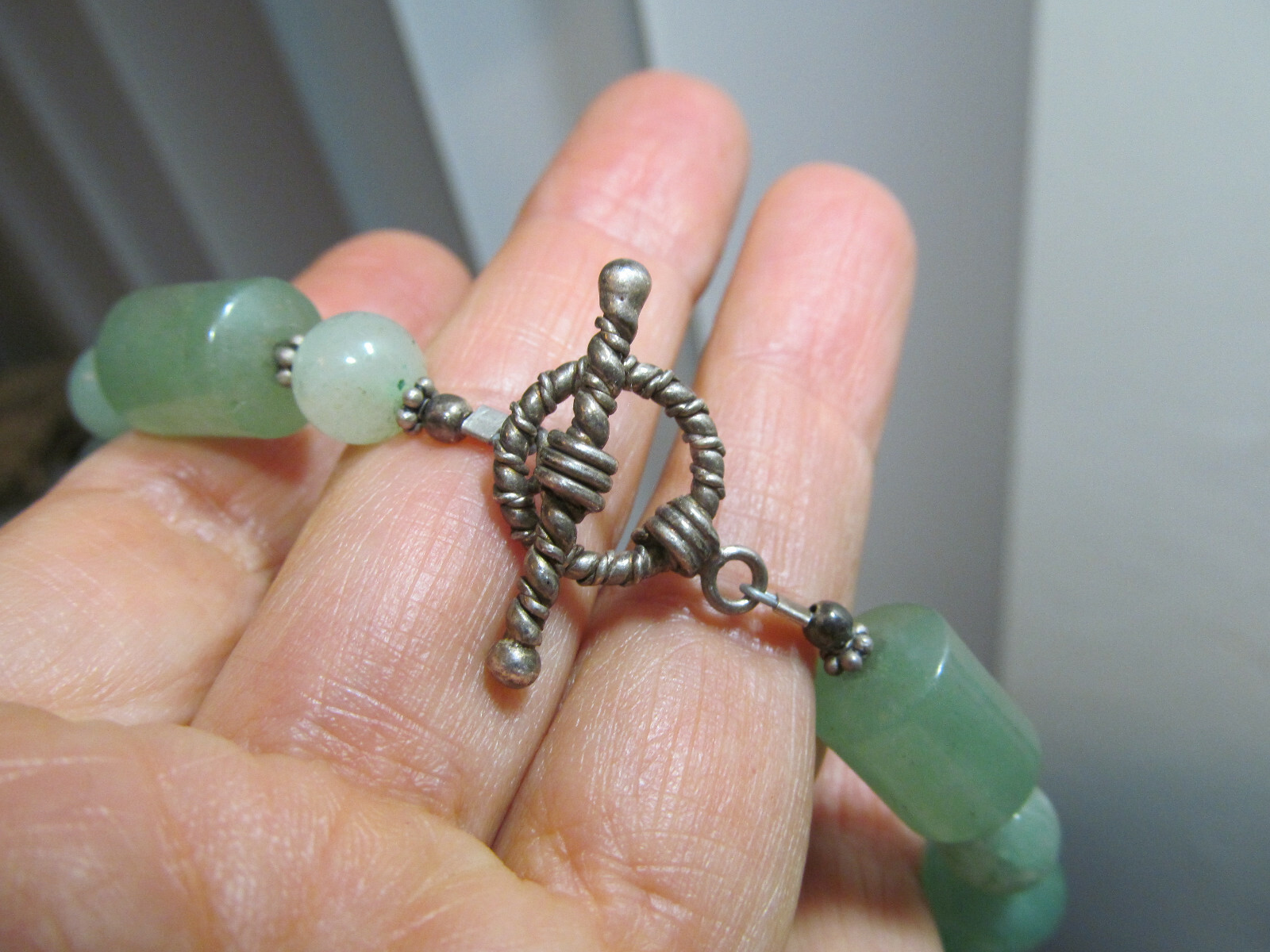 Vintage 925 Sterling Silver Green Stone Beaded Toggle Clasp Bracelet 30g