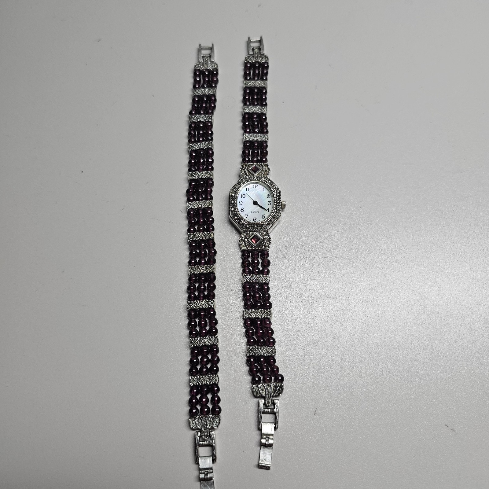 Vtg Silver Tone Marcasite W/ Garnet Beads Watch & Bracelet Set