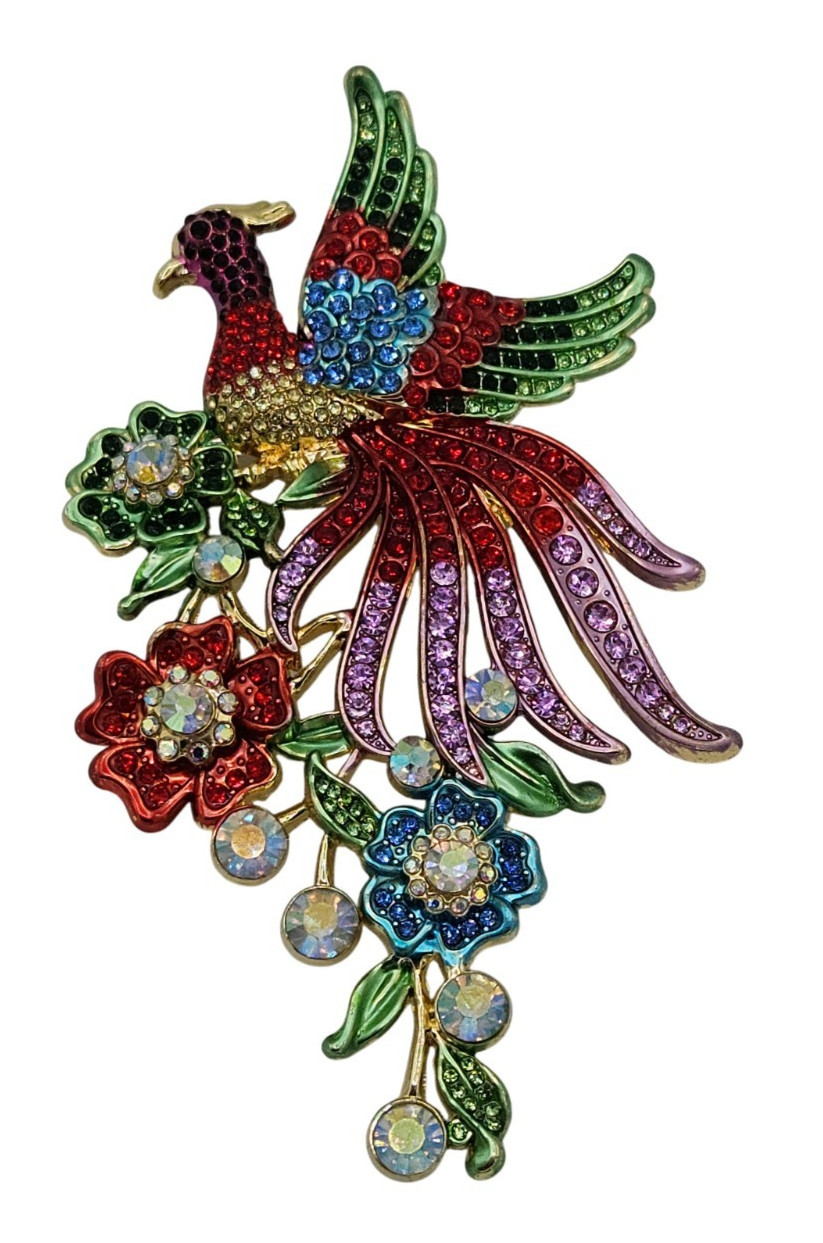 Large Peacock Brooch Pin Multi Colored Crystal Rhinestone Beautiful Gold Tone 5″