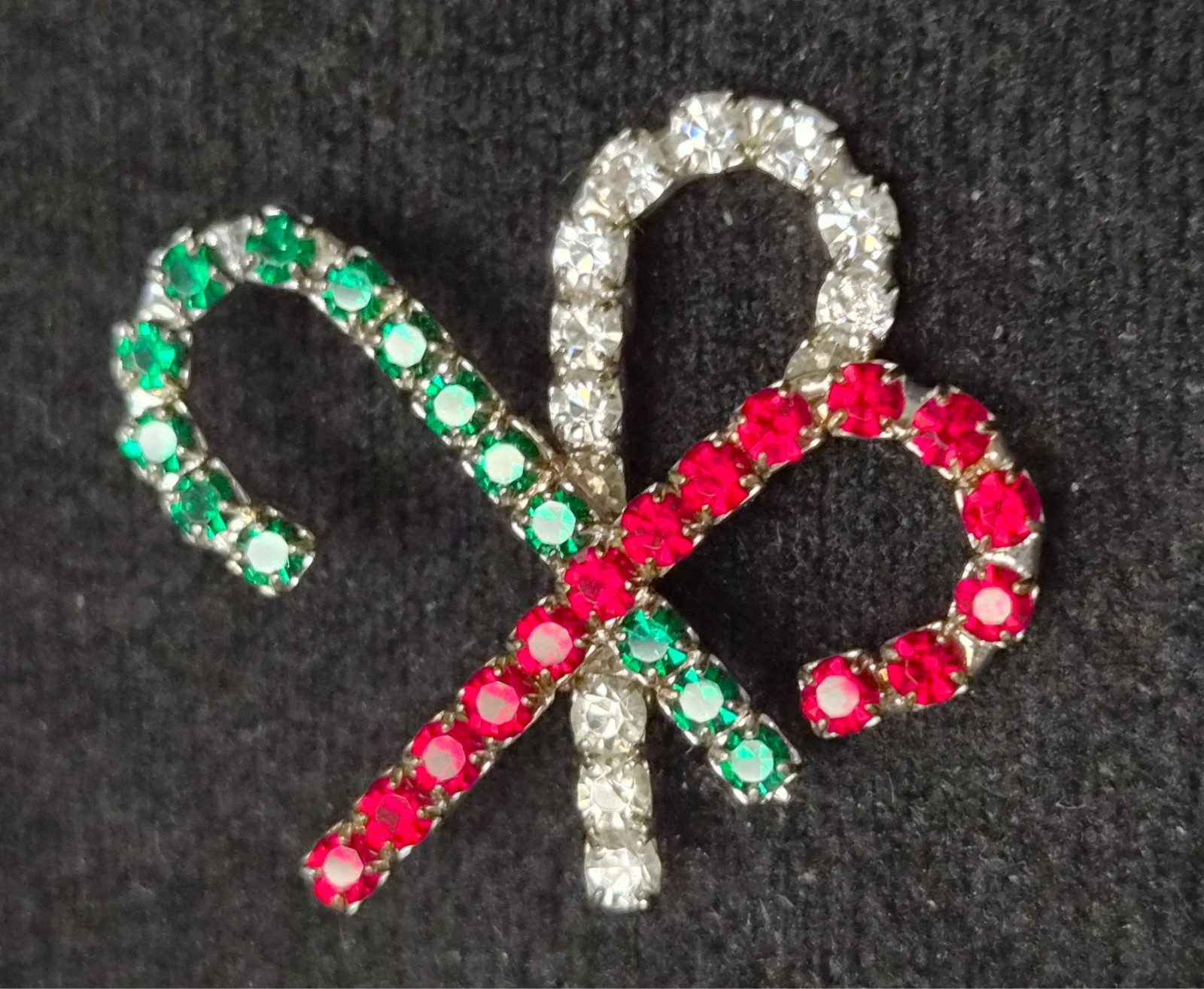 Vintage Holiday White, Red & Green Rhinestone Christmas Candy Canes Pin / Brooch