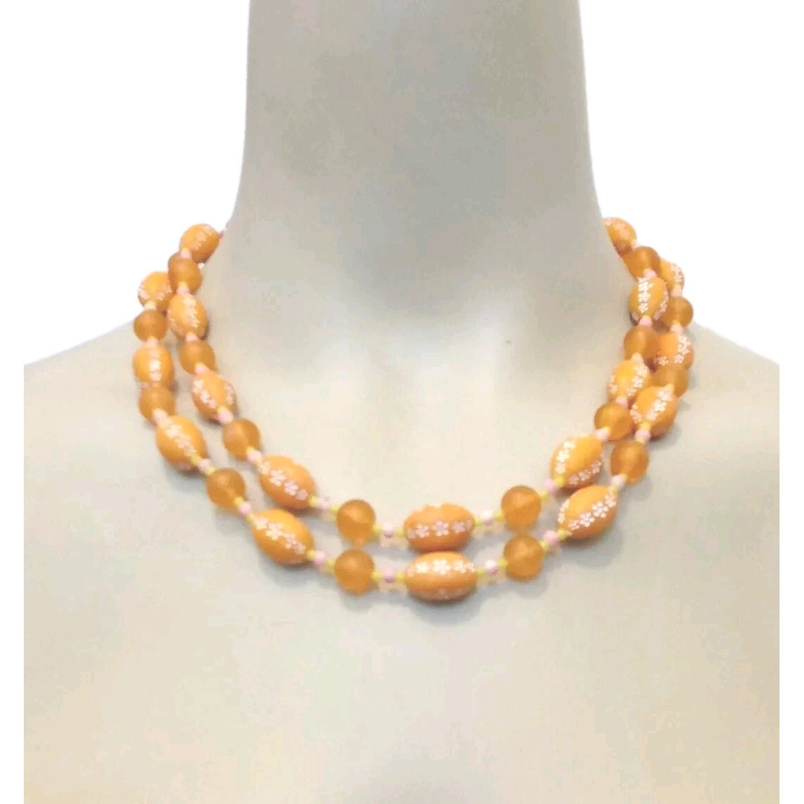 VTG 1960’s Costume Necklace 2 Strand Floral Beaded Metal Safety Latch Hong Kong