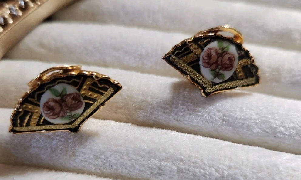 Damascene Gold Toned Clip Earrings With Floral Cameo