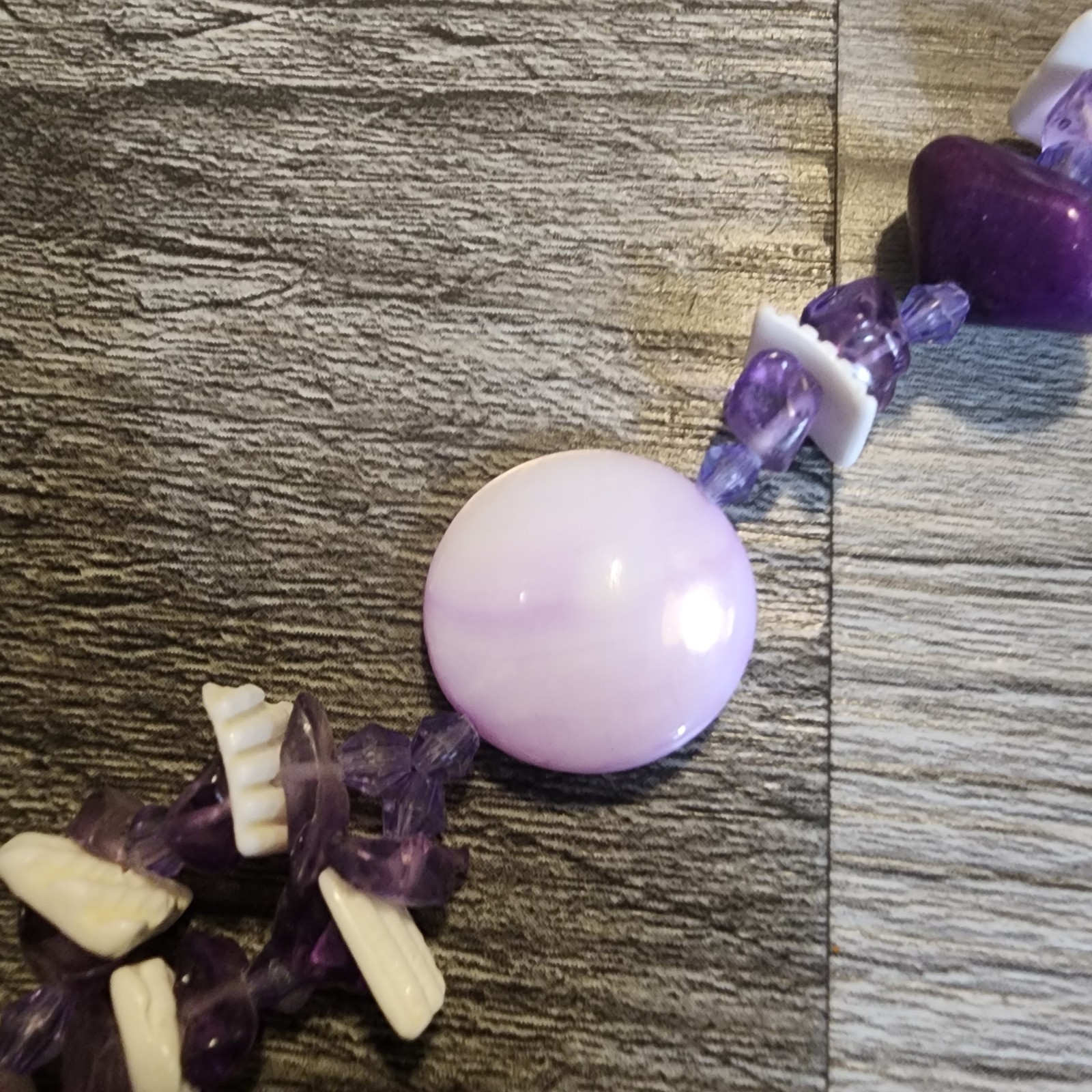 Vintage Necklace Purple Stone Seashell Rock Crystal Quartz Bead Tassel 20″ Shell