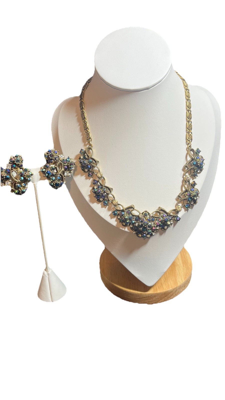 Vintage Florenza Peacock Blue & Vitrail A/B Rhinestones Necklace & Earring Set