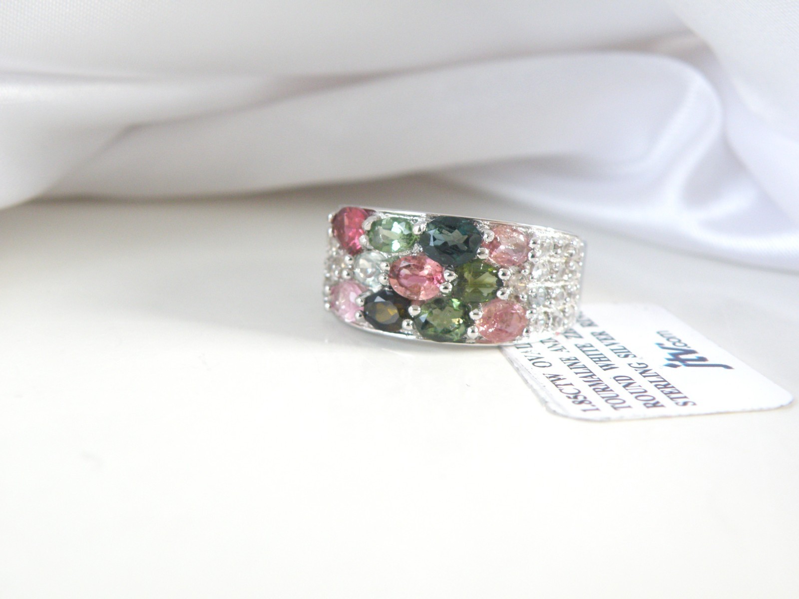 Sterling Silver 925 Multi Row Natural Tourmaline Ring Size 8