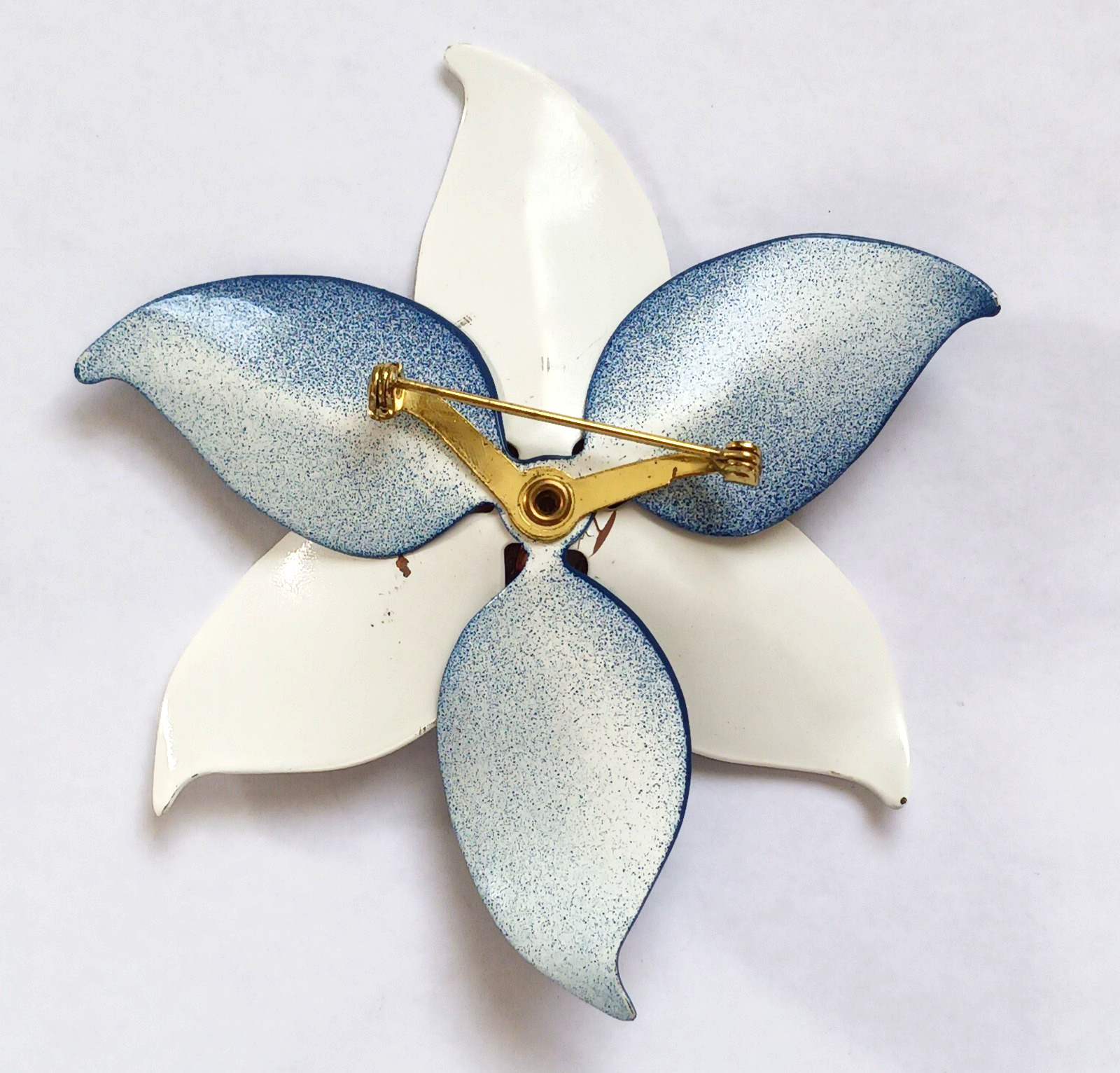 Vintage Enamel Flower Brooch ~ Red, White, Blue ~ 3.25 inch