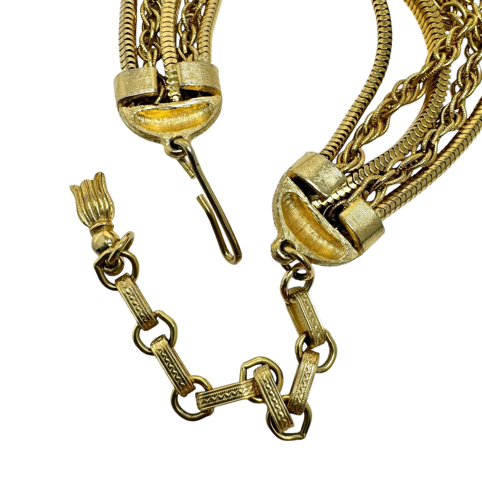 Vintage Gold Tone 5 Layered Flat Serpentine and Multilink Chain Collar Necklace
