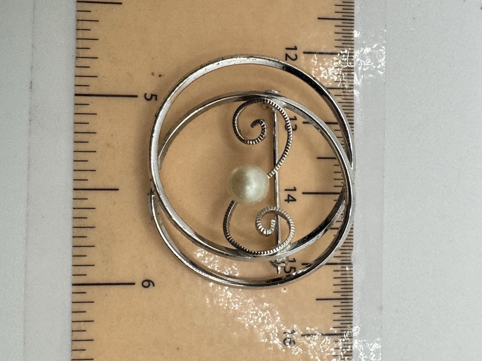 Vintage V.D. Sterling Silver Pearl Mid Century Modern Swirl Circle Brooch Pin