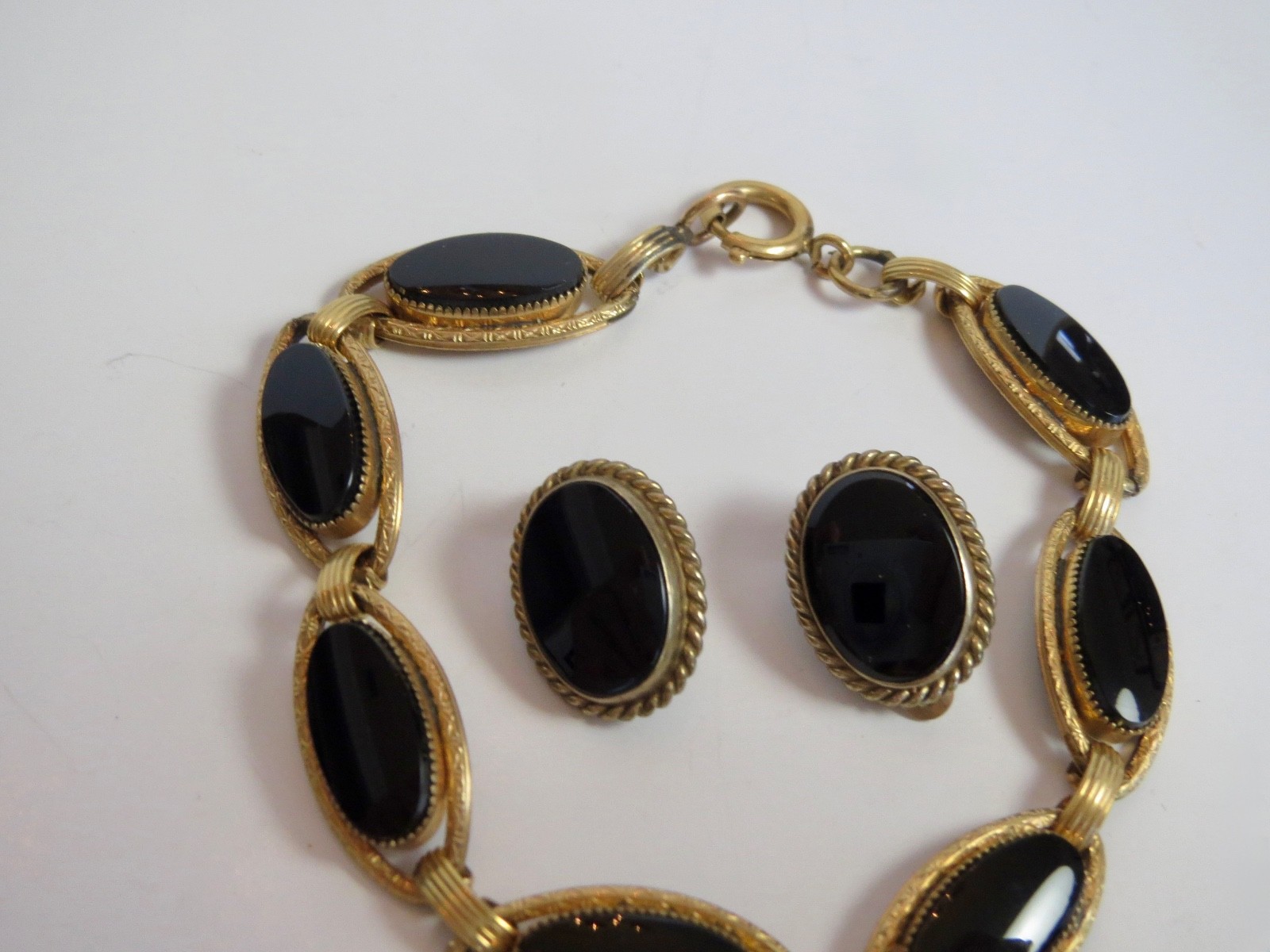 1/20th 12k Yellow Gold Filled BLACK ONYX Oval Link BRACELET & EARRING SET 7.5″