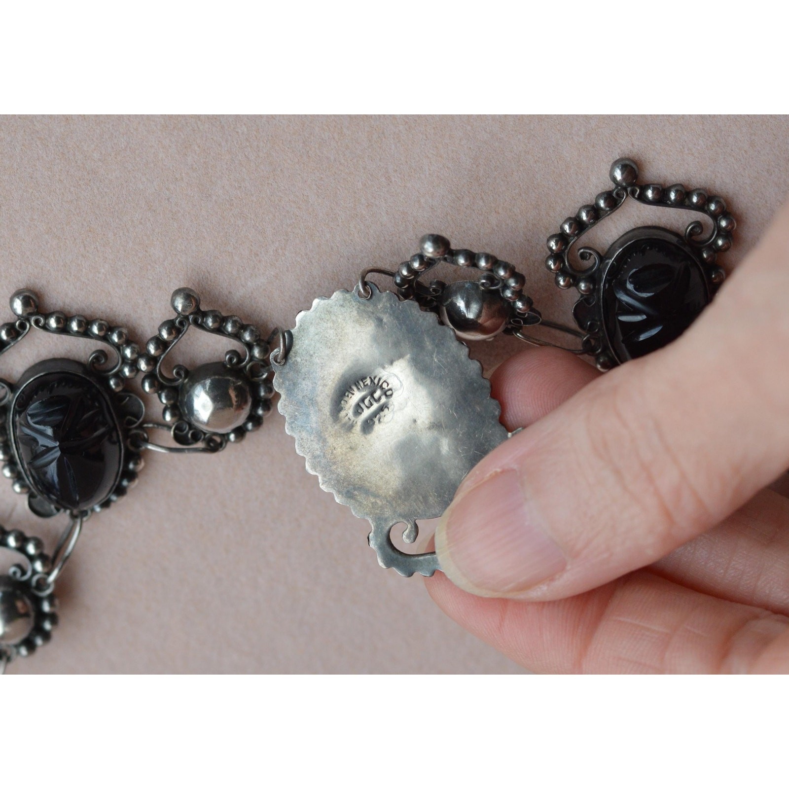 Vintage Mexican Sterling Silver Onyx Scarab Necklace – Signed JJG Co Mexico 925