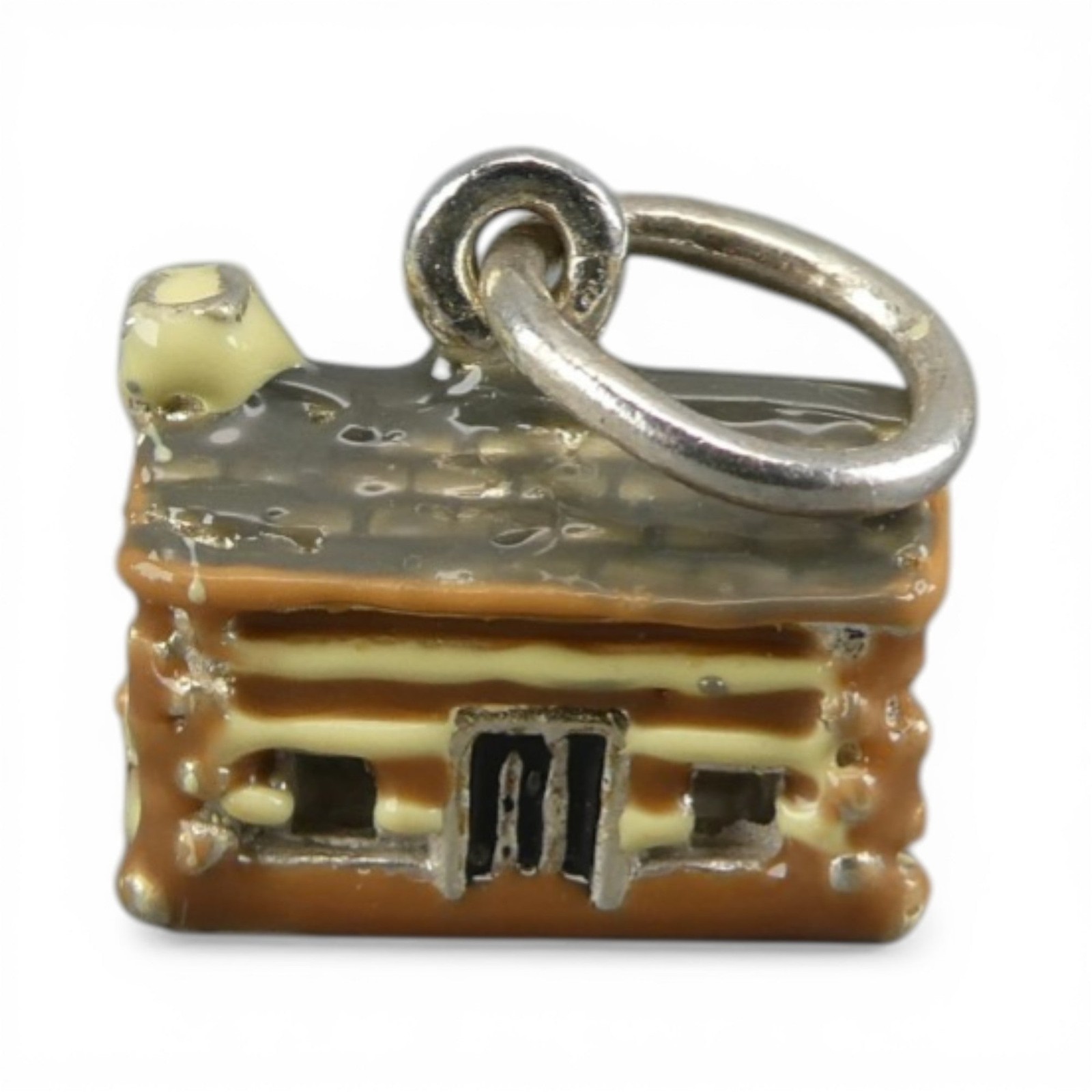 Sterling Silver Enamel Log Cabin Charm for Bracelet Brown County Vintage New