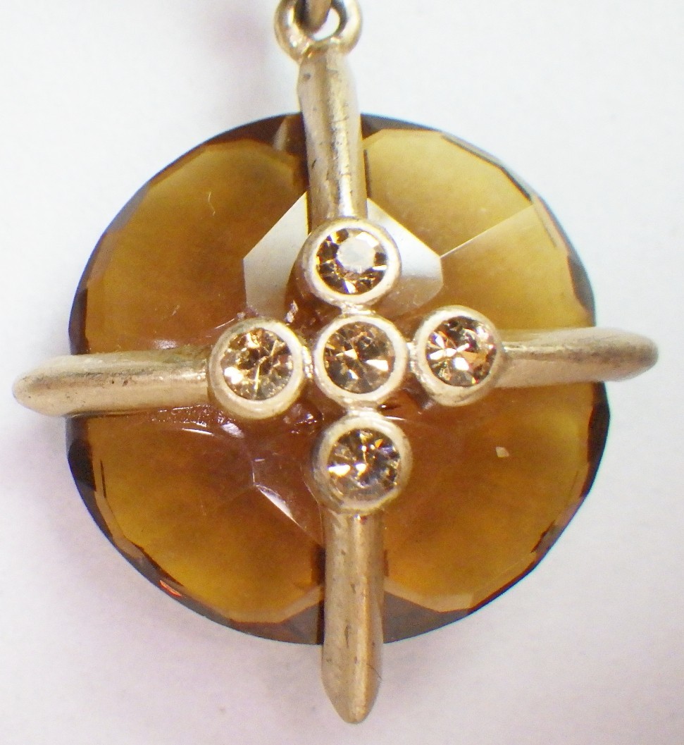 Vtg Signed BASTIAN BROTHERS Golden Brown Topaz Crystal Pendant Drop Necklace 19″