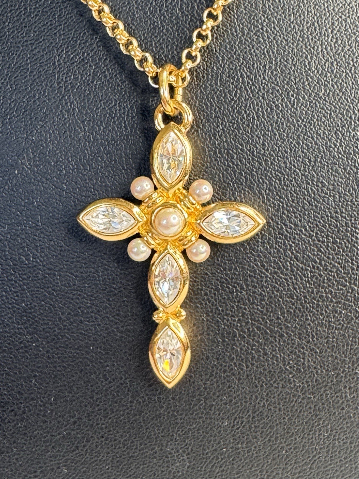 Extremely Unique Christian Dior Crystal and Faux Pearl Cross Pendant Necklace