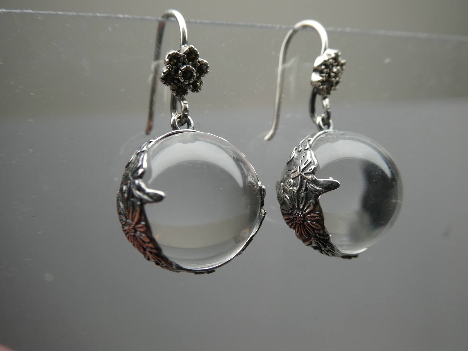 Genuine Pool Of Light Sterling Silver 925 Floral Orb Marcasite Dangle Earrings