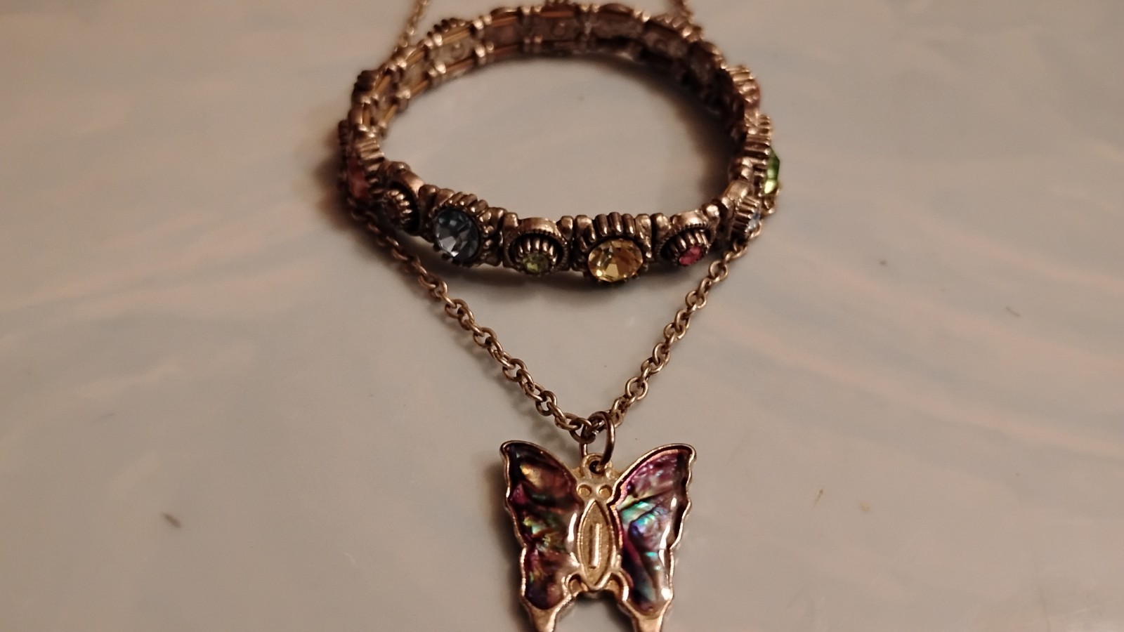 Vintage Butterfly Charm Necklace Korea & Antique Silver Rhinestone Bracelet Set