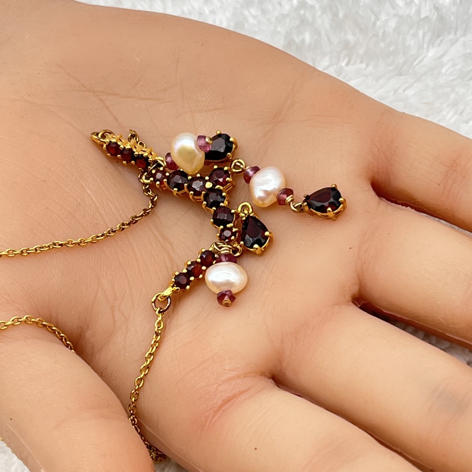 Vintage Festoon Necklace Garnet Baroque Pearl Sterling Silver 18″