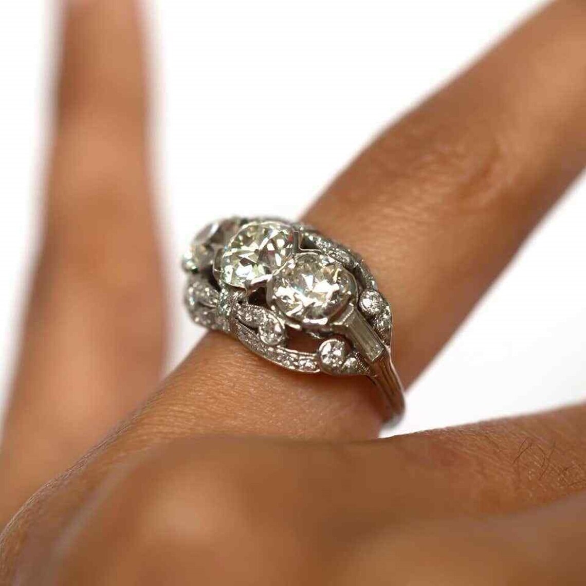3.50CTW White Round Cut CZ Three Stone Art Deco Antique Wedding 925 Silver Ring