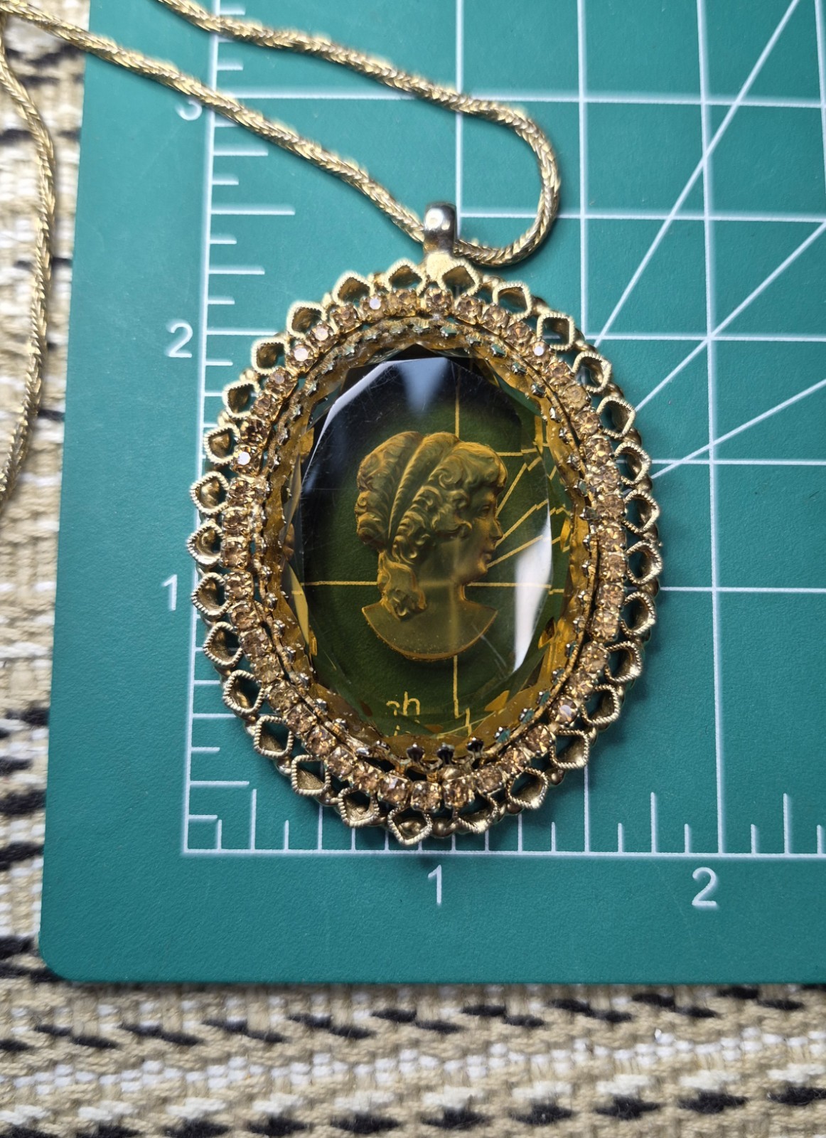 Vintage Designer Joseph Warner Intaglio Amber Glass Cameo Gold Plated Necklace
