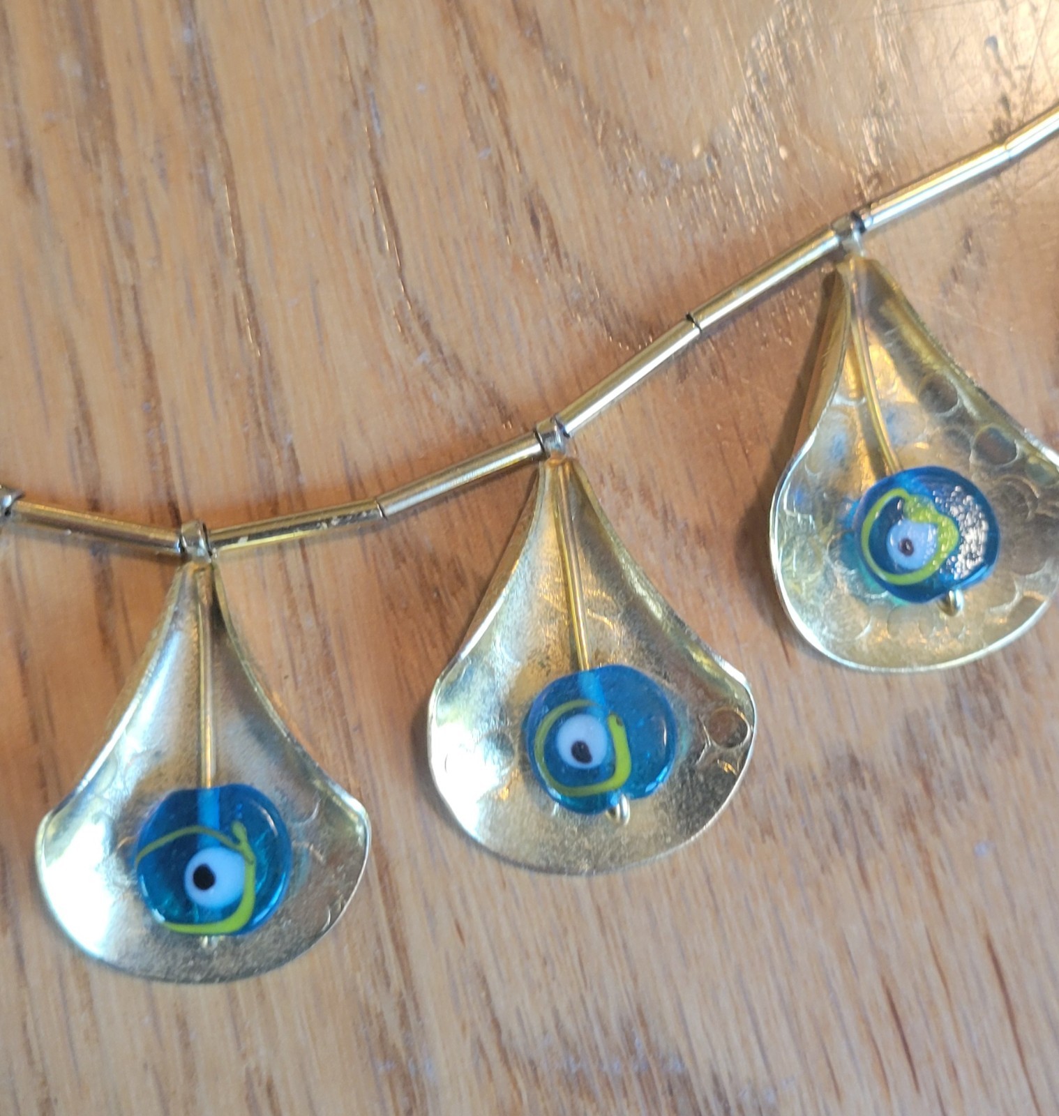 Vintage Necklace Leaf Shaped Pendants with Peacock / Evil Eye Bead