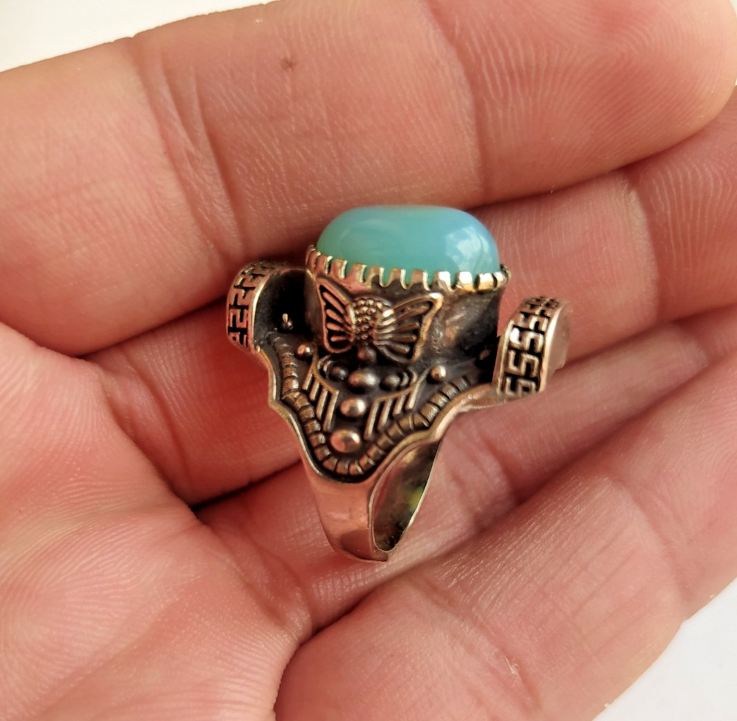 Ancient Vintage Victorian Sterling Silver Ring Natural Aquamarine Stone Size 6.5