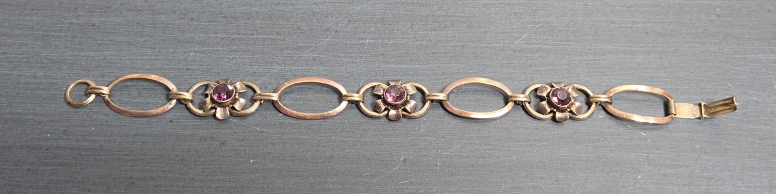 VTG 12k GF on Sterling Link Bracelet Purple Rhinestone Flowers signed Van Dell