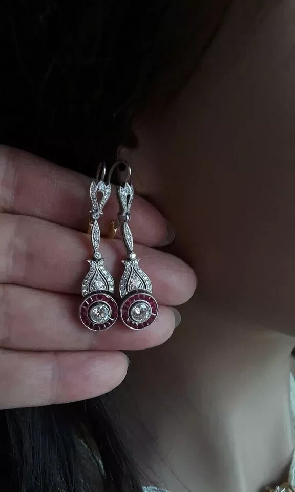 Art Deco Style Lab Created Diamond & Ruby 14K White Gold FN Drop/Dangle Earrings
